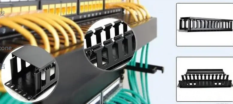 Raceway-Style Cable Manager combines a slotted management panel with a snap-on cover plate. Raceway-Style Cable Manager combines a slotted management panel with a snap-on cover plate.