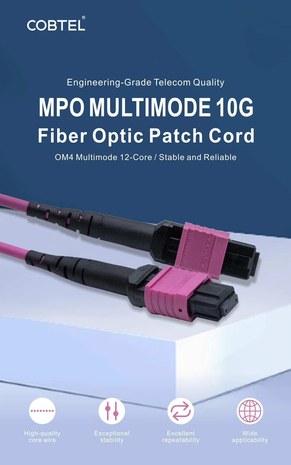 Coiled 3m LSZH OM4 12-Core MPO Multimode Fiber Optic Patch Cord in standard magenta color, ready for high-speed data center deployment. Coiled 3m LSZH OM4 12-Core MPO Multimode Fiber Optic Patch Cord in standard magenta color, ready for high-speed data center deployment.